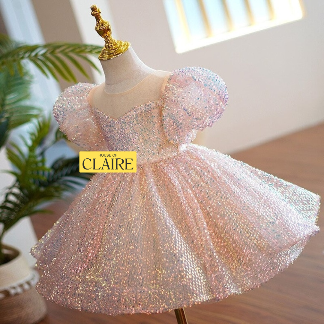 English Pink Mermaid Theme Birthday Ball Gown Party Wear Dress for Girls