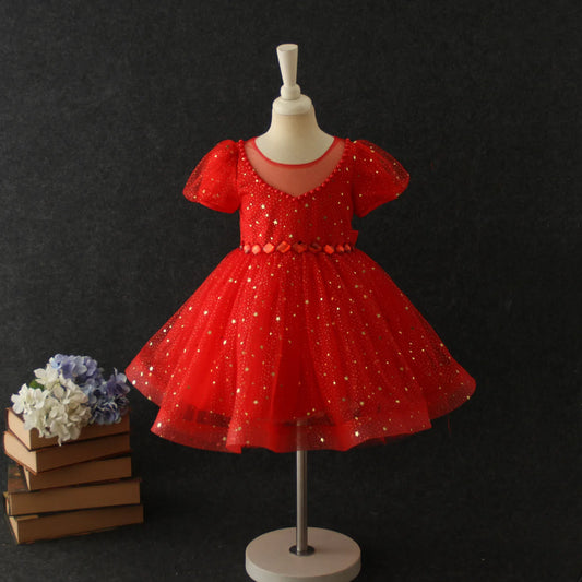 www.houseofclaire.com Cherry Red Fluffy Short Ball Gown for Baby Girls Toddler Girls Online in India Party wear dresses in Bangalore Best seller Red Princess Barbie Party Wear Birthday Grand Dresses by House of Claire in Bangalore Leading Seller for Kids Dresses