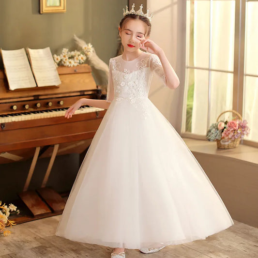 White Pearl Princess Pompous Gauze White Wedding or Communion Dress for Girls