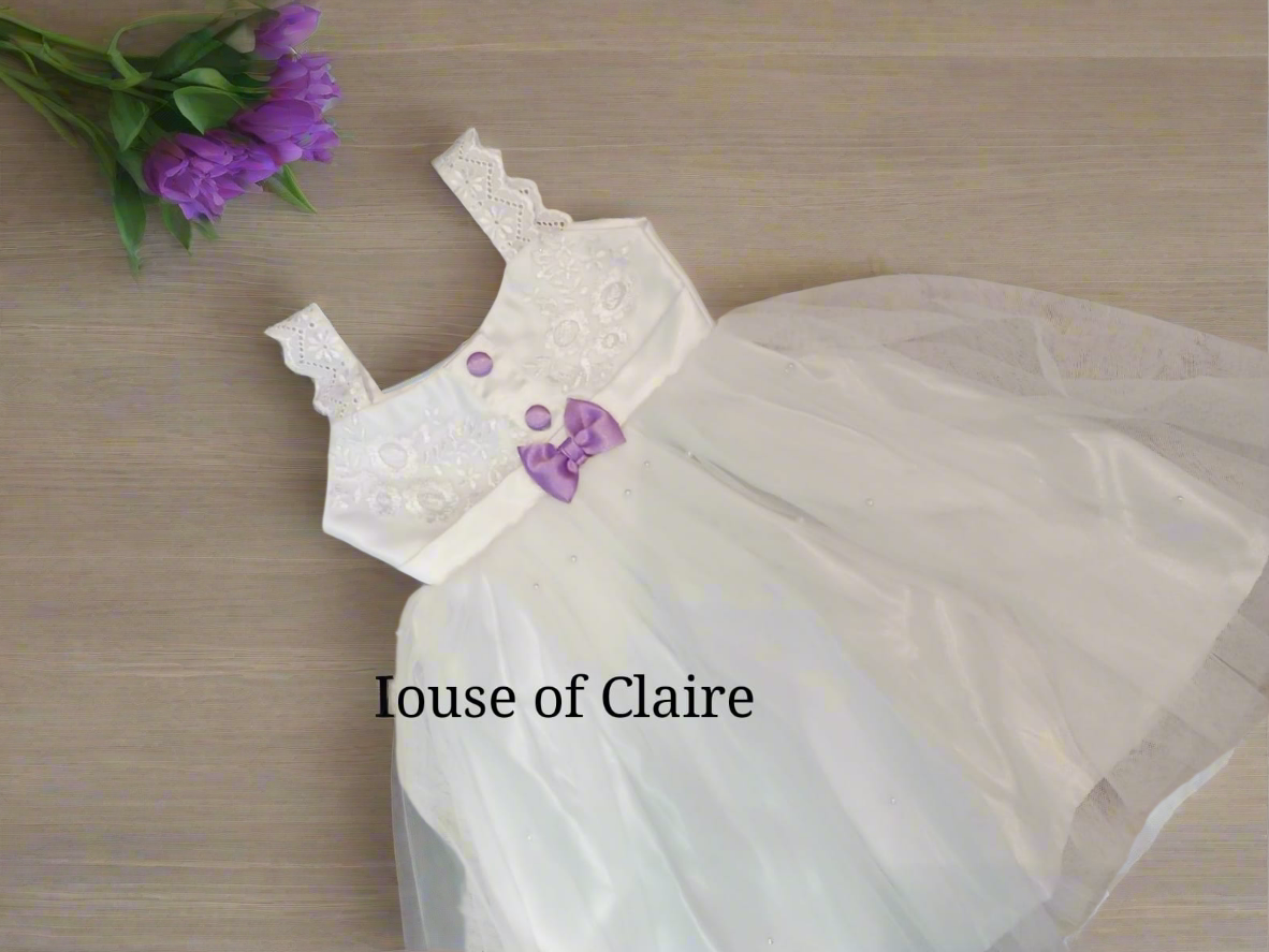 White Baptism Dress with Cute Purple Bow - Elegant Girls' Christening HOUSE OF CLAIRE White Baptism Dress with Cute Purple Bow - Elegant Girls' Christening HOUSE OF CLAIRE