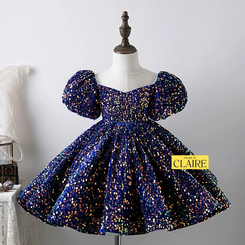 Luxury navy blue sequin princess dress for baby girl birthday and party wear by house of claire kids party wear best seller party wear kids dress in bangalore win sparkle blue navy blue dress in velvet