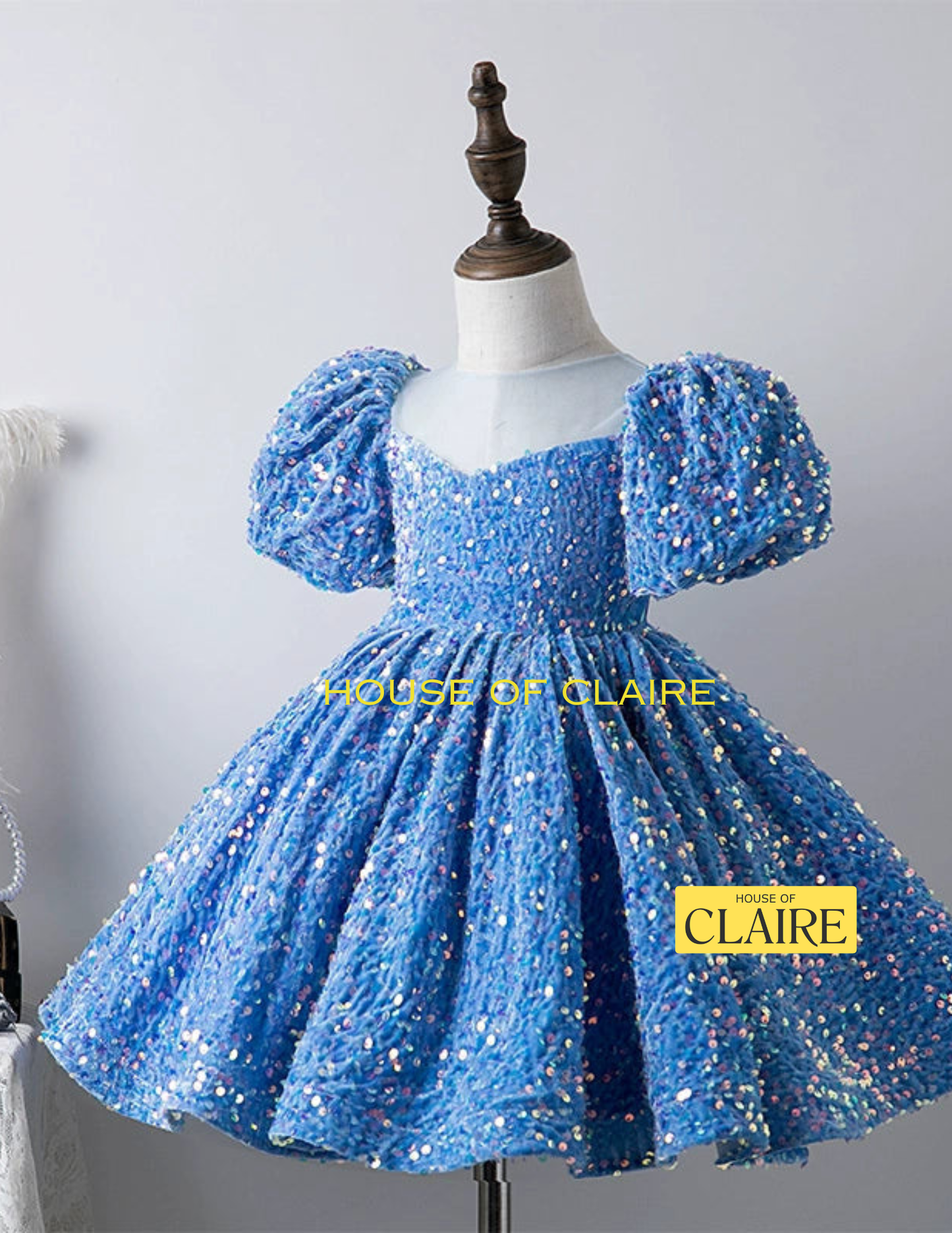 A blue sequined girls' dress displayed on a mannequin torso against a light gray wall. The dress has puff sleeves, a square neckline, and a full skirt covered in reflective sequins.
House of Claire Celeste Sparkle Blue Luxury Ball Gown for Girls with Puff Sleeves – Premium Birthday & Party Dress in Bangalore online india
www.houseofclaire.com