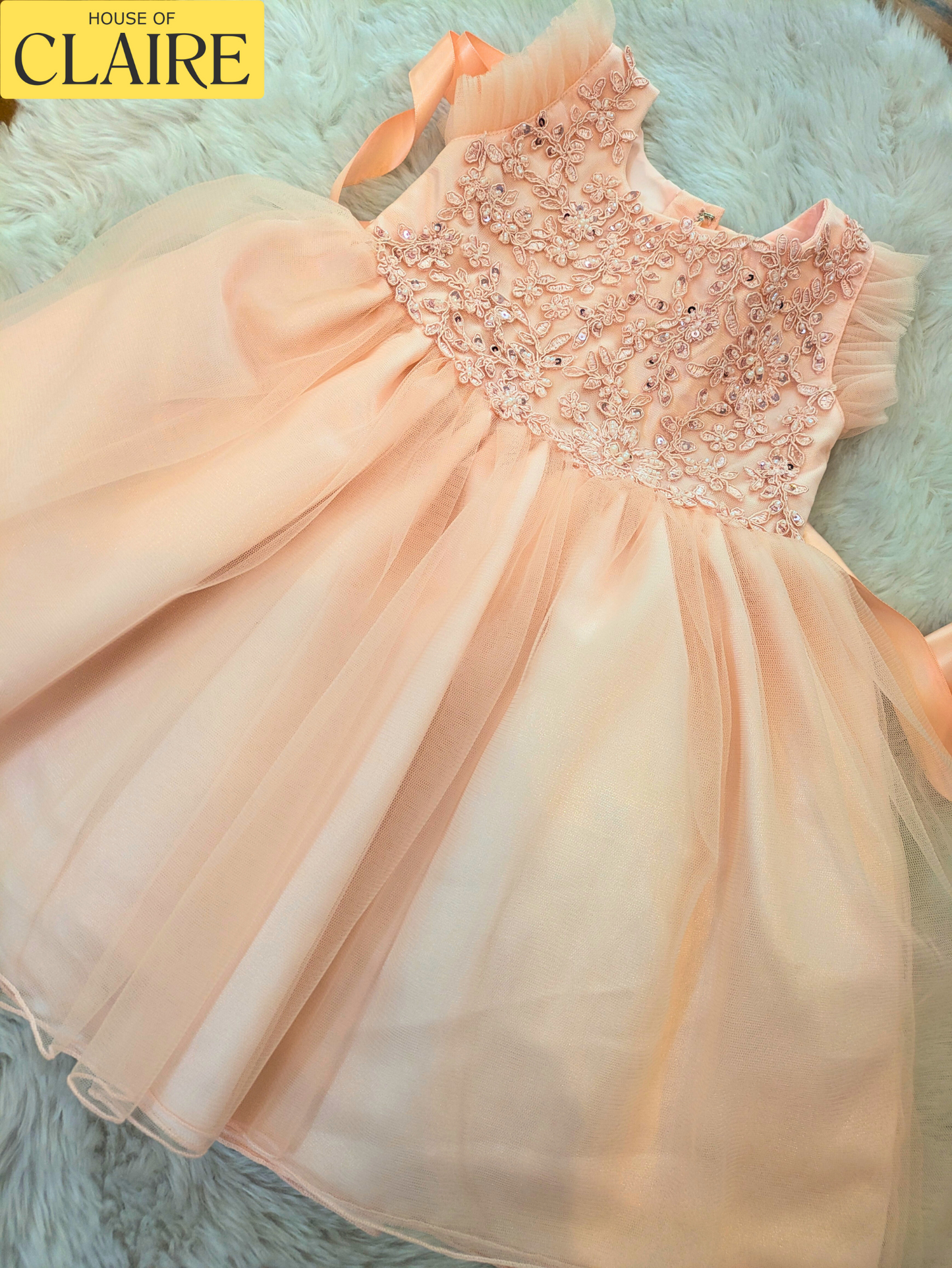 New Arrivals - Classy Pastel Peach Baby Girl Birthday Dress – 1st Year Party Dress | Princess Tulle Frock with Embroidered Floral Bodice
