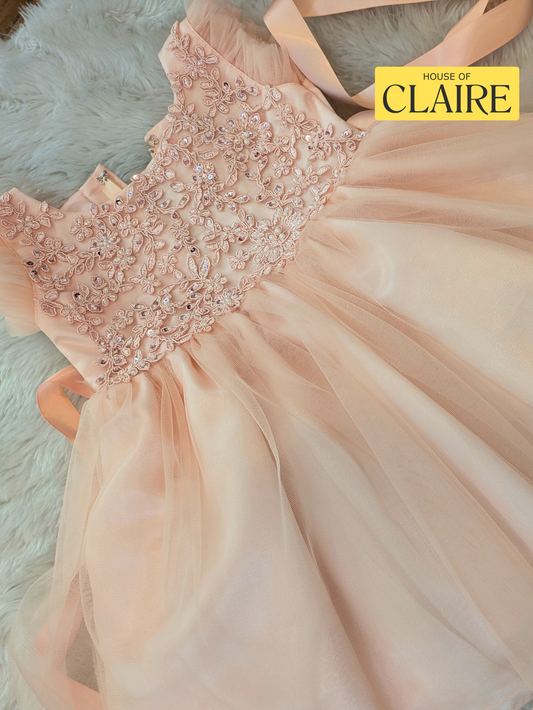 New Arrivals - Classy Pastel Peach Baby Girl Birthday Dress – 1st Year Party Dress | Princess Tulle Frock with Embroidered Floral Bodice