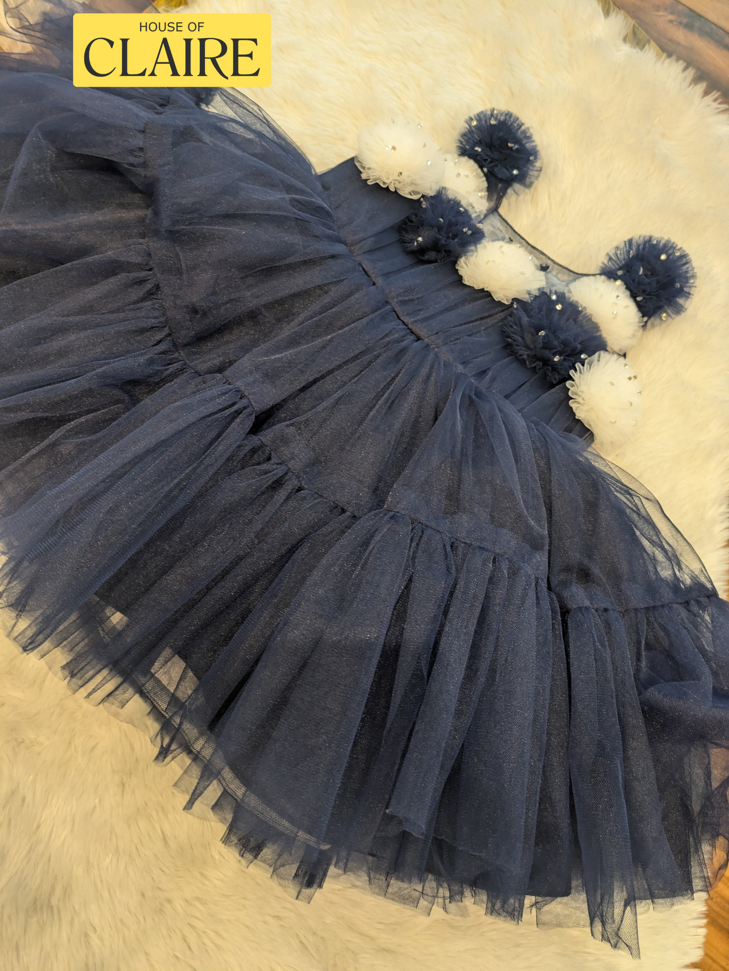 Fluffy Layered Navy Blue 1st Birthday Dress for Baby Girl – Party Wear