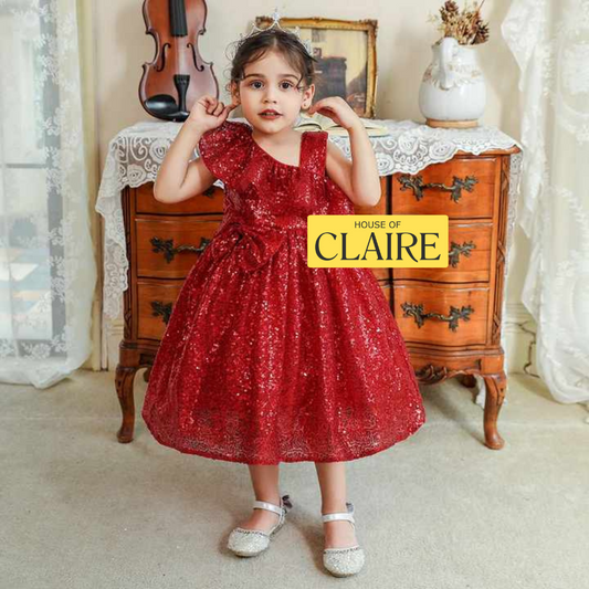 Cherry Red Sequin Party Dress for Girls – Exclusive Designer Wear | House of Claire