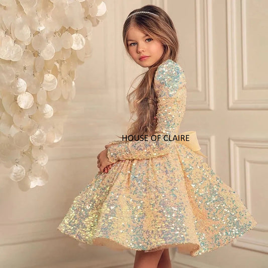 Luxury Princess Champagne Gold Glitter Ball Gown Party Dress