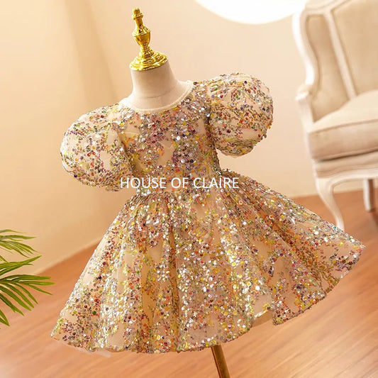 Luxury Twinkle Gold Lantern Sleeve Ball Gown Party Wear Dress for Girls