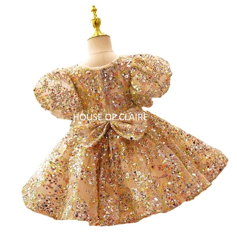 Luxury Twinkle Gold Lantern Sleeve Ball Gown Party Wear Dress for Girls