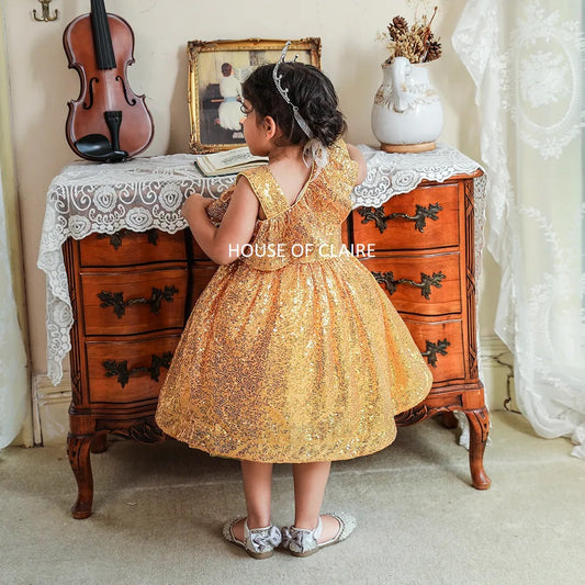 Luxury Ruffle Golden Sequin Party wear Dress by House of Claire