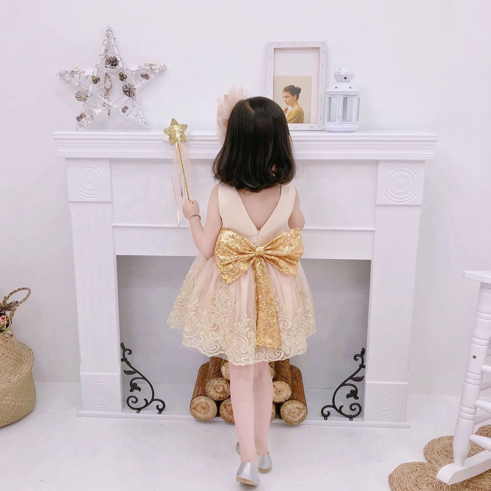 houseofclaire.com Champagne gold luxury Party dress with Golden Bow