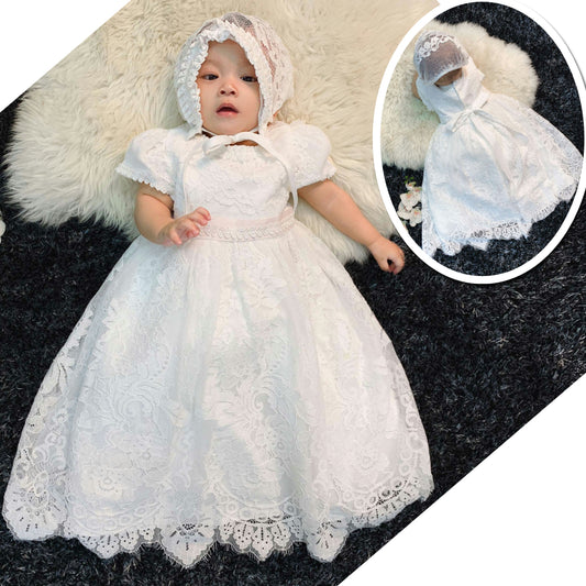 houseofclaire.com Cinderella - White Pink lace long Baptism gown with Bonnet