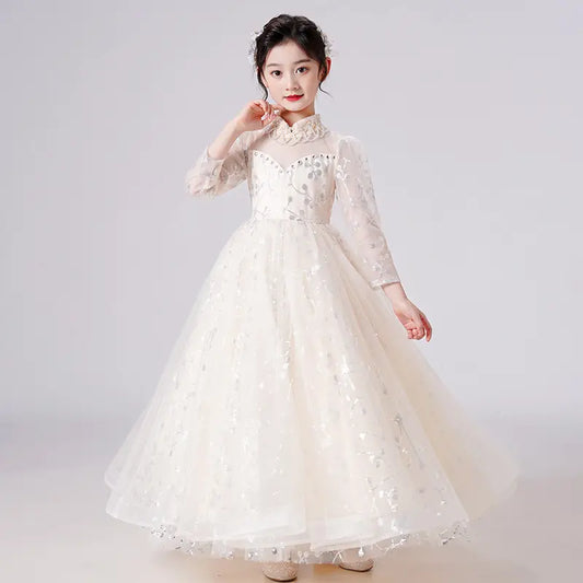 Court Style Champagne Evening Birthday Gowns for Girls Beige Flower Girl Dress