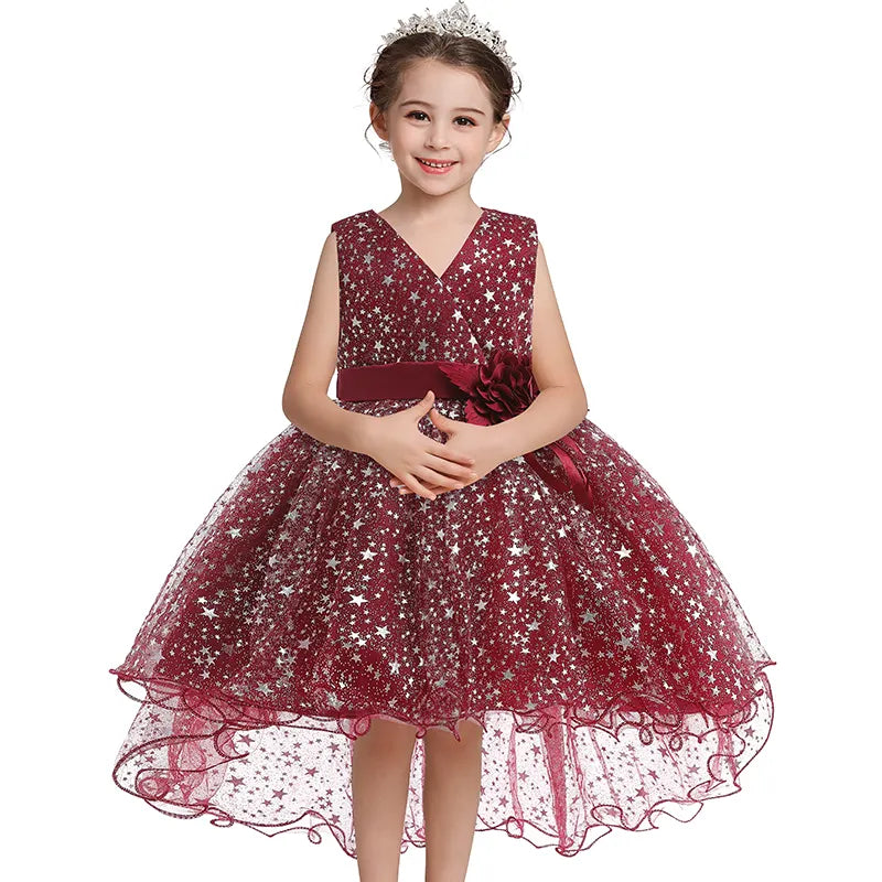 Date Red Baby Girl Birthday Short & Long Trail Ball Gown Dress for Bab