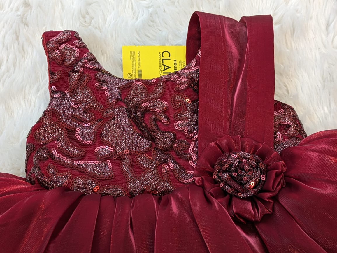 Maroon Red Baby Girl 1st Birthday  Party wear Ball Gown Dress