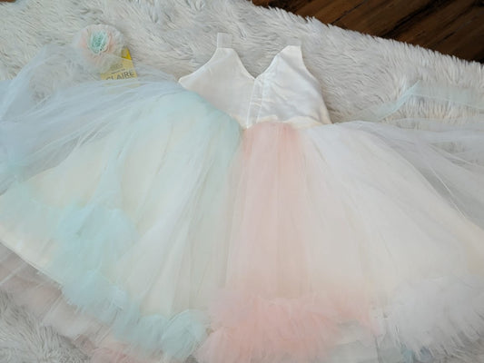 Pastel Pink and greenish blue 1st Birthday Party wear Dress for baby girls