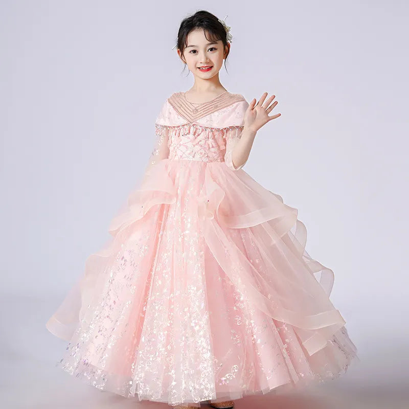 Peach Evening Fluffy Princess dress short sleeve Gown for Girls – HOUSE OF CLAIRE