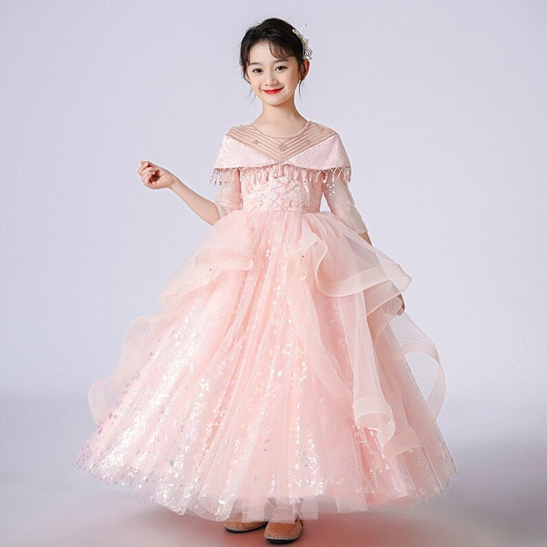 Peach Evening Fluffy Princess dress short sleeve Gown for Girls