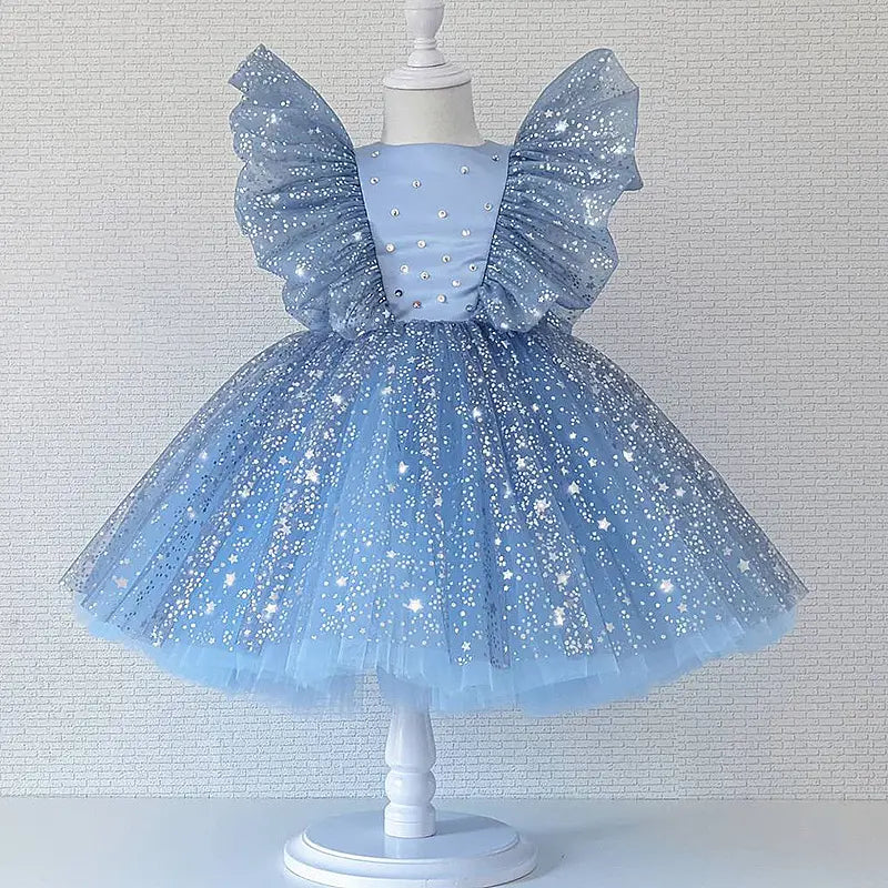 Butterfly Blue Starry print Fluffy Birthday Girl Party Wear Dress for