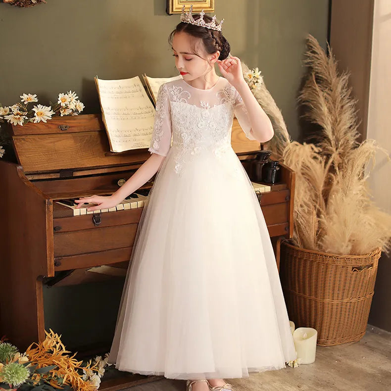 White Pearl Princess Pompous Gauze White Wedding or Communion Dress for Girls
