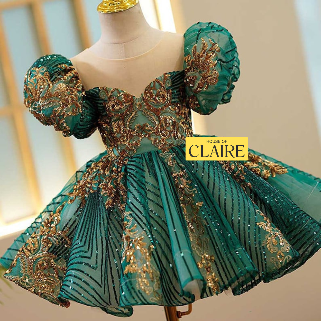 New Arrivals Luxury - Emerald Green n Gold Princess Ball gown Party wear Dress for Baby toddler girls
