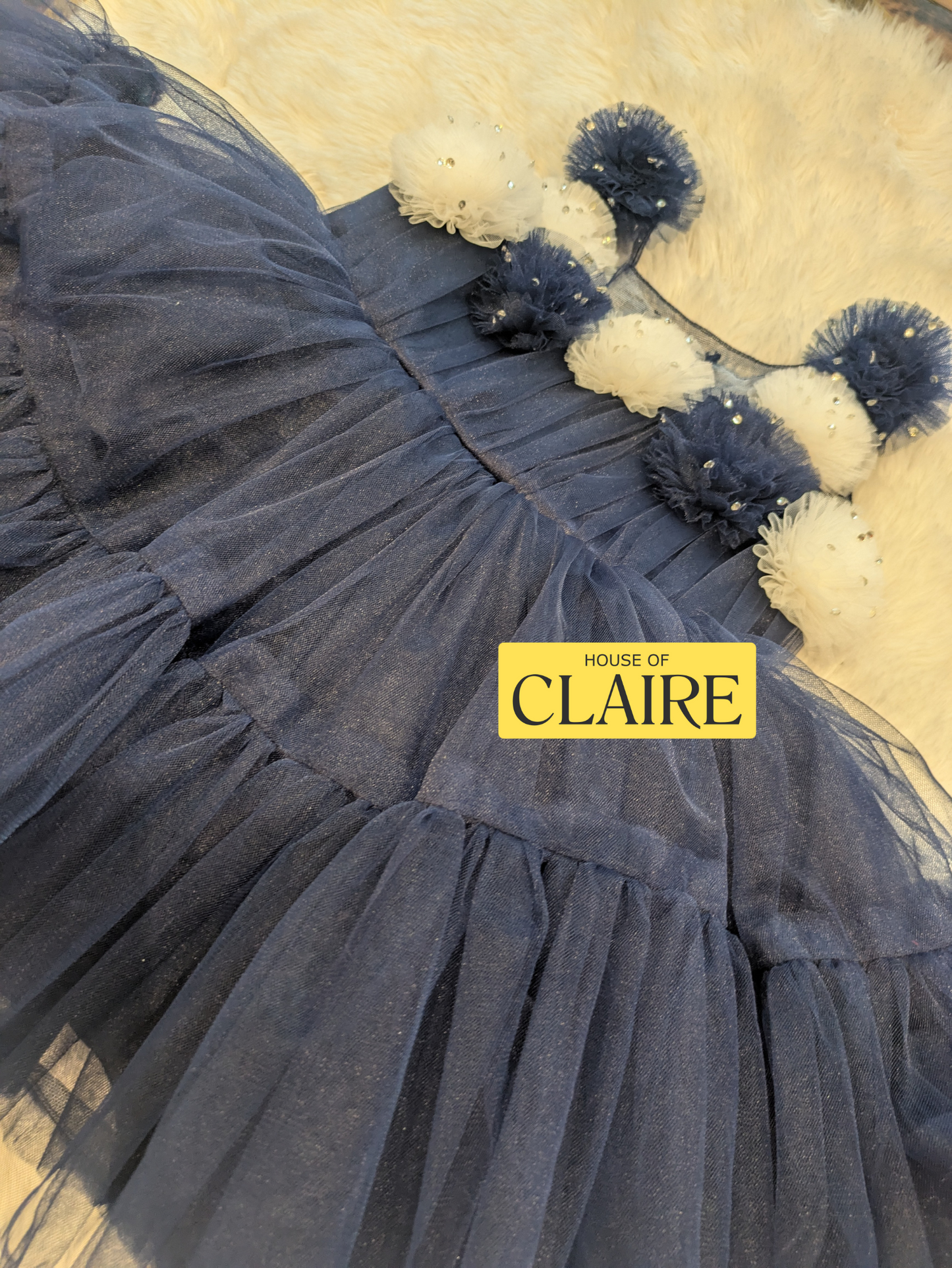 Fluffy Layered Navy Blue 1st Birthday Dress for Baby Girl – Party Wear