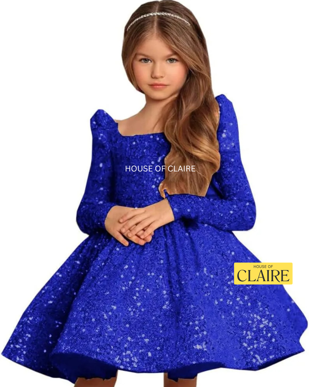 A young girl wearing a royal blue sequined long-sleeve dress with a square neckline and puffed shoulders, photographed against a plain white background. The brand name 'HOUSE OF CLAIRE' is watermarked across the dress and shown in a logo badge in the lower right corner.
www.houseofclaire.com