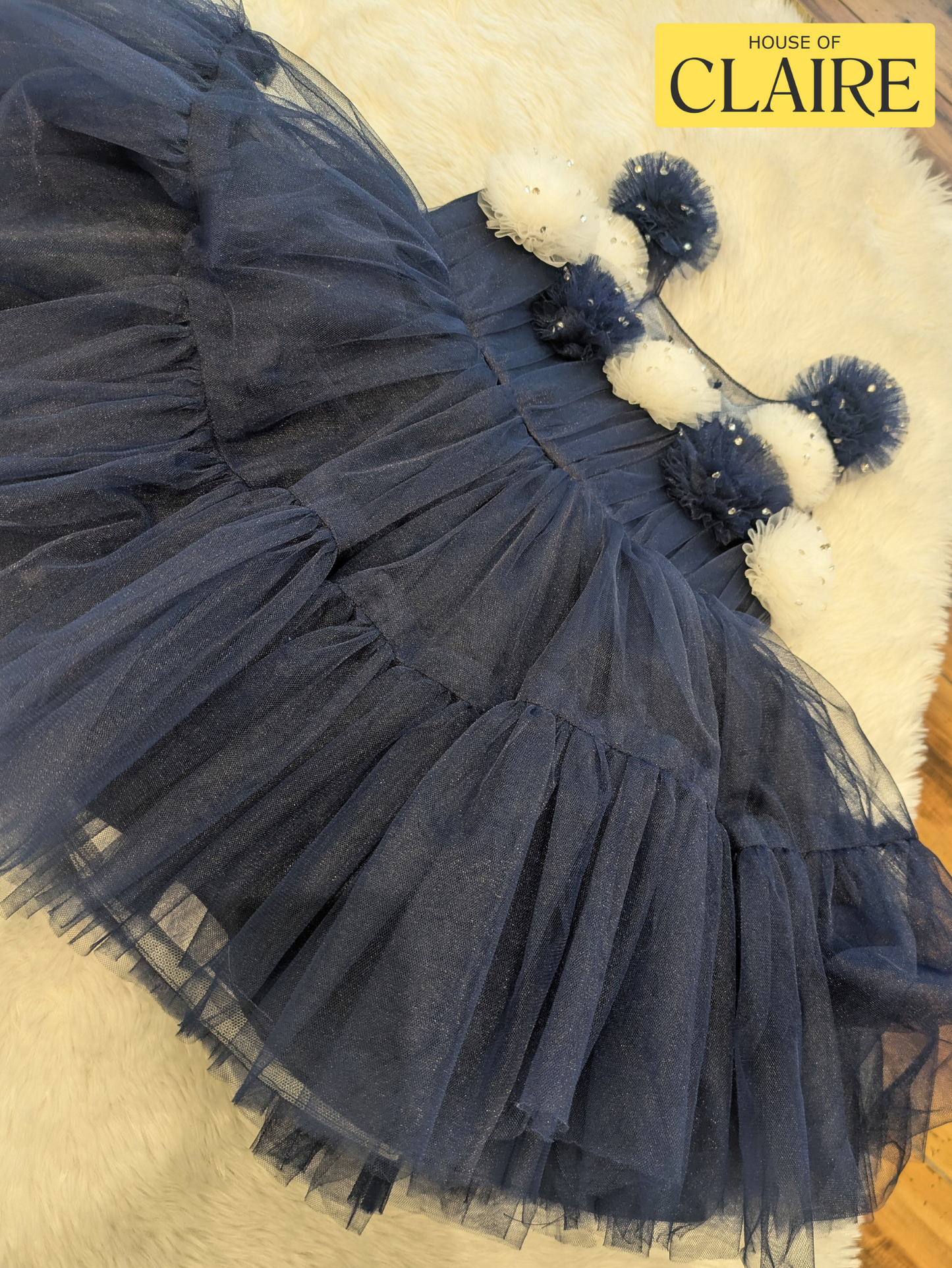 Fluffy Layered Navy Blue 1st Birthday Dress for Baby Girl – Party Wear