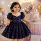 Navy blue sequin baby girl party dress with puff sleeves, sheer neckline and full skirt for birthday parties - house of claire kids party wear dress bangalore online india