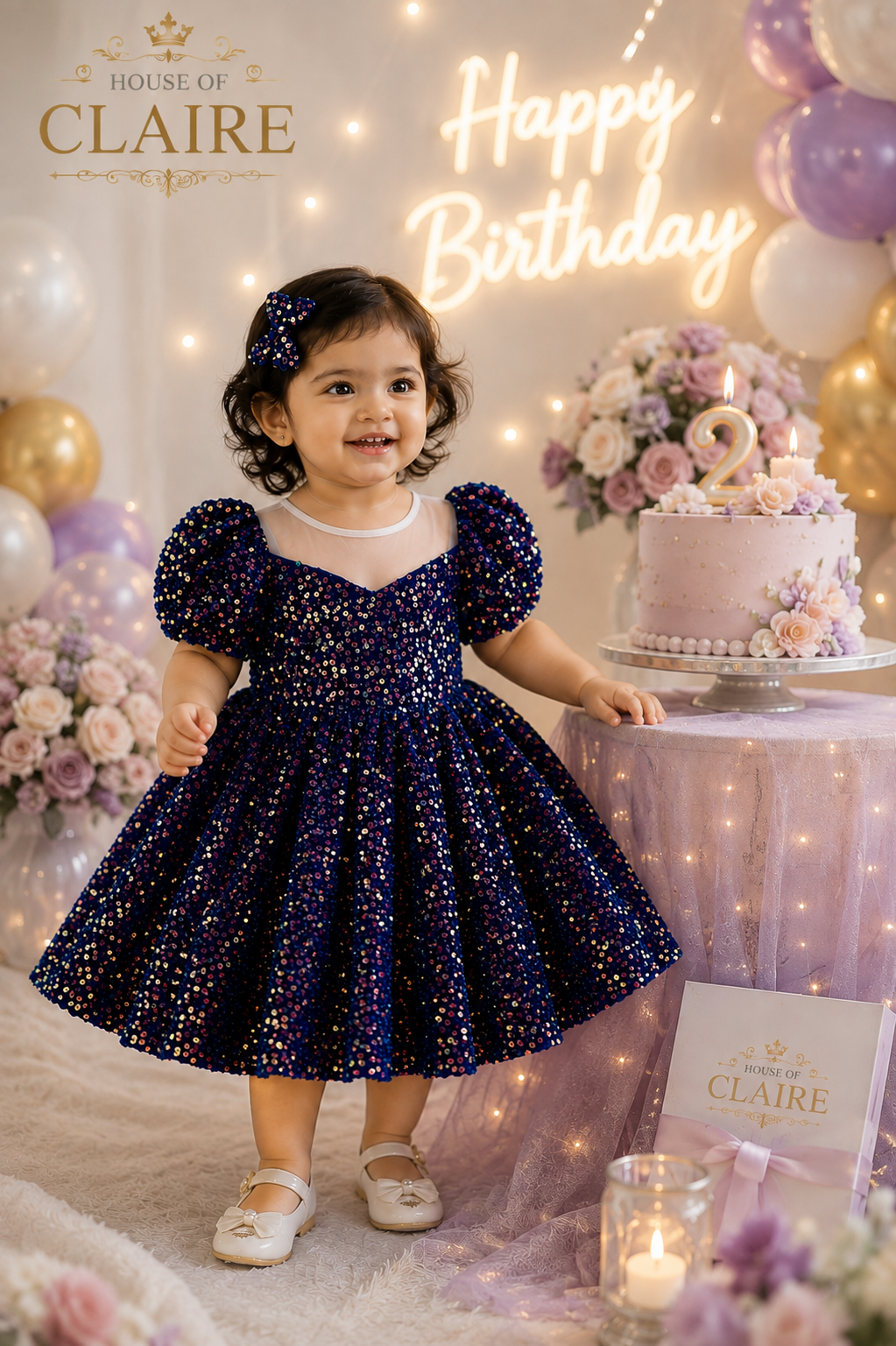 Navy blue sequin baby girl party dress with puff sleeves, sheer neckline and full skirt for birthday parties - house of claire kids party wear dress bangalore online india