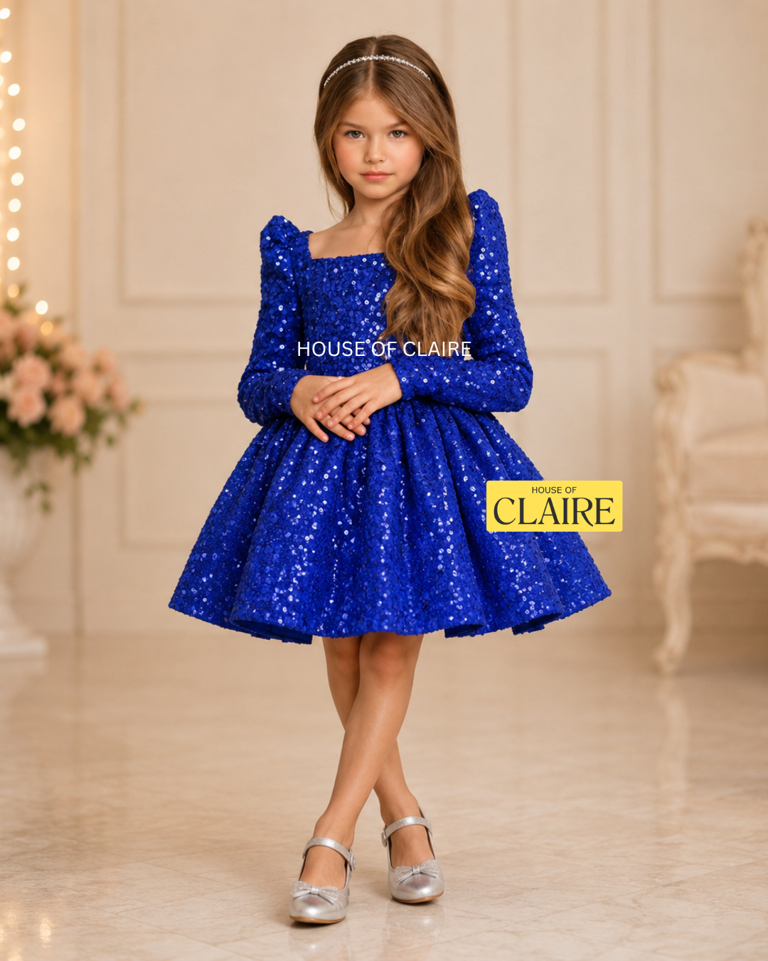 A young girl stands in a bright indoor room wearing a royal blue sequined dress with long puff sleeves, a square neckline, and a flared skirt by house of claire kids dresses bangalore.She is wearing silver shoes and a headband. www.houseofclaire.com