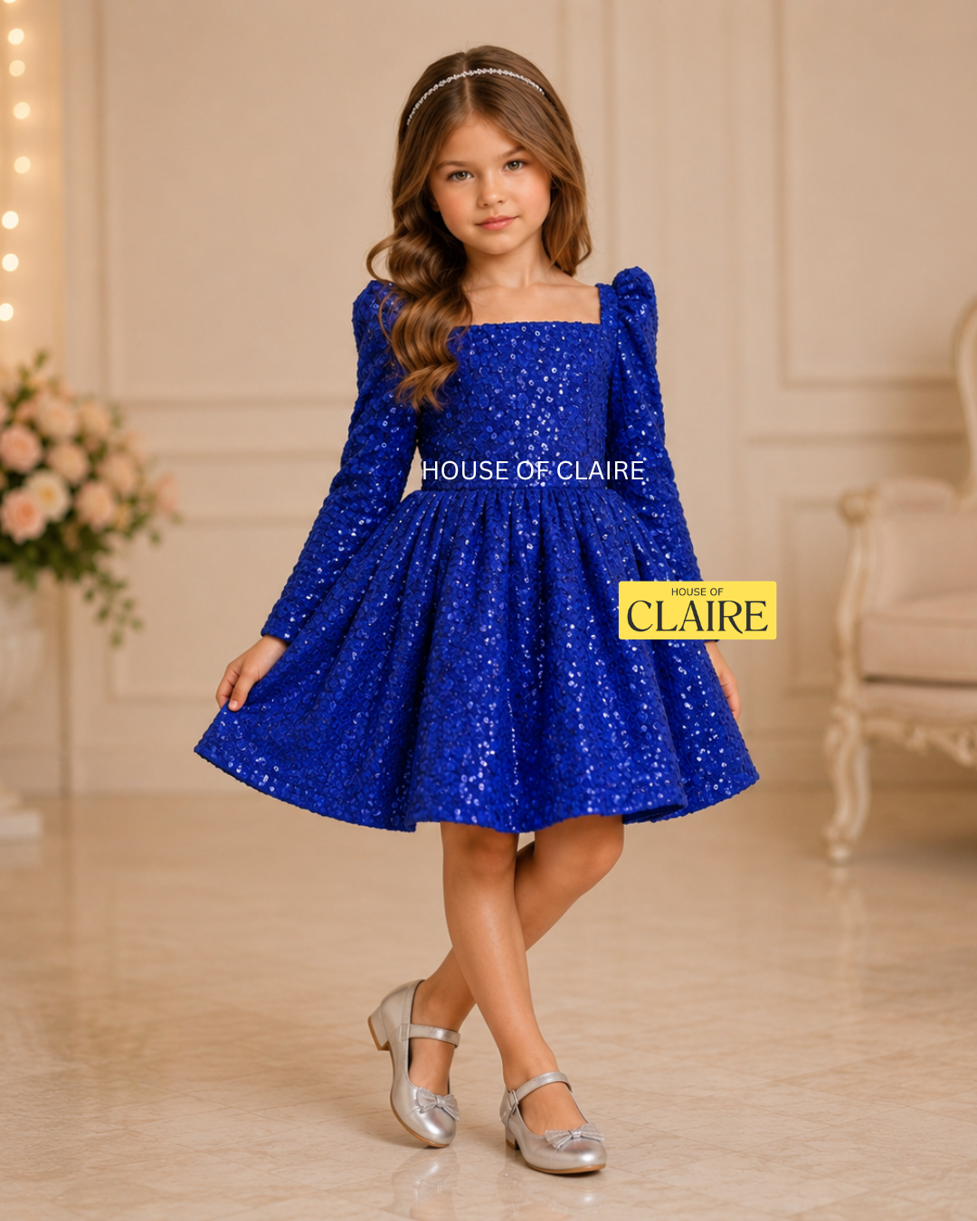 A royal blue sequined children's dress by house of claire displayed on a mannequin against a white decorative wall. The dress has a square neckline, puffed sleeves, and a tiered ruffled skirt. www.houseofclaire.com