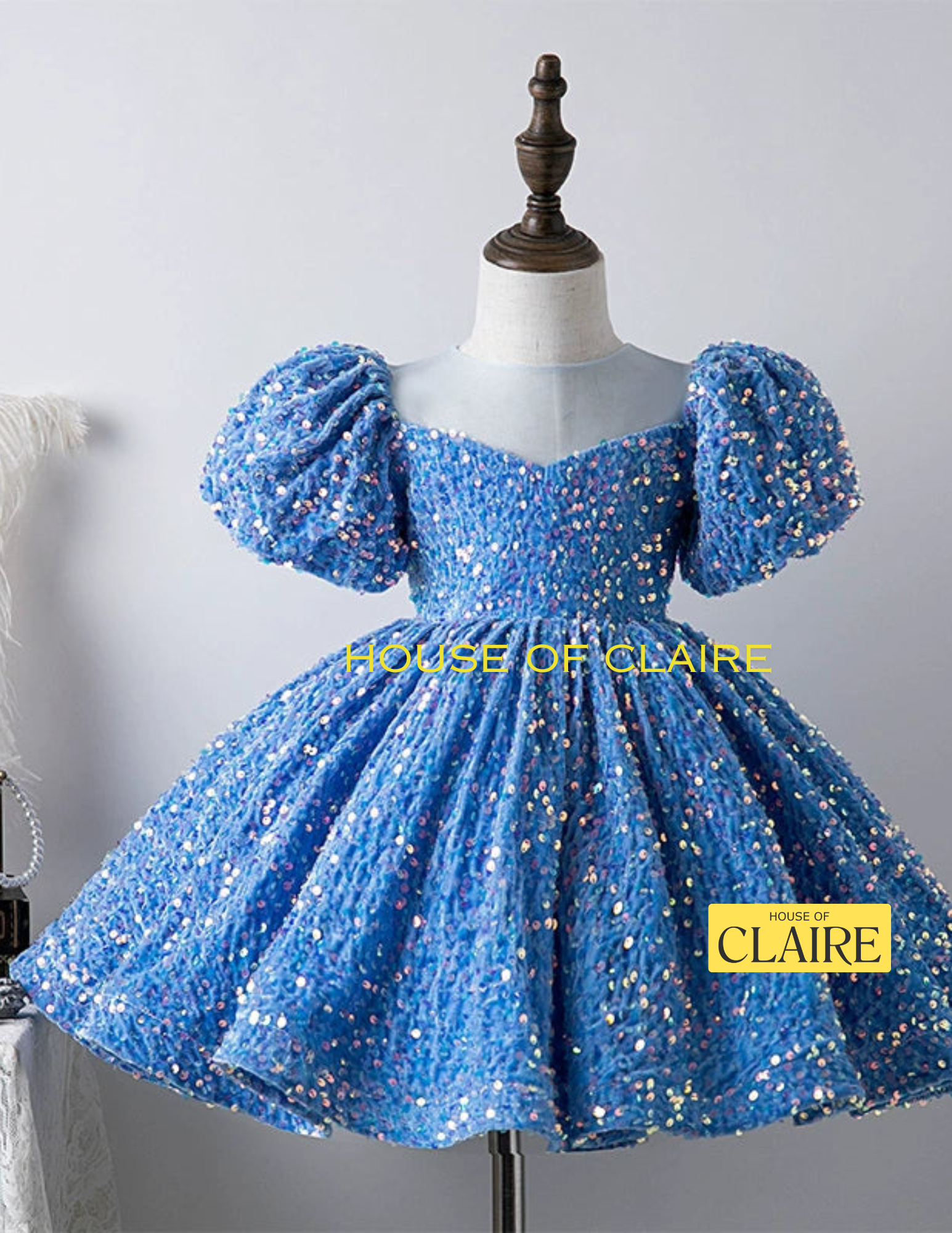 A blue sequined girls' dress displayed on a mannequin torso against a light gray wall. The dress has puff sleeves, a square neckline, and a full skirt covered in reflective sequins.
House of Claire Celeste Sparkle Blue Luxury Ball Gown for Girls with Puff Sleeves – Premium Birthday & Party Dress in Bangalore online india
www.houseofclaire.com
