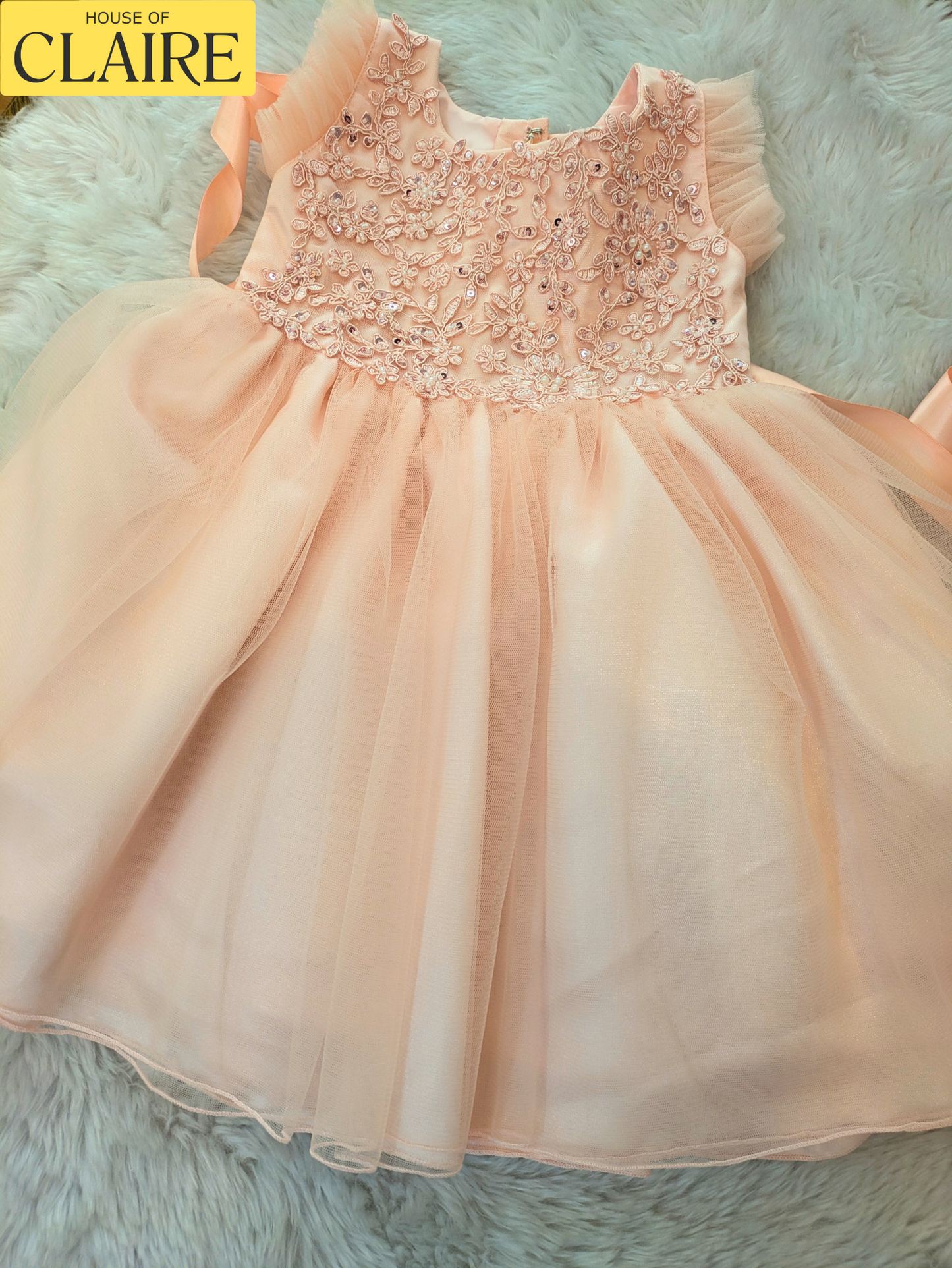 New Arrivals - Classy Pastel Peach Baby Girl Birthday Dress – 1st Year Party Dress | Princess Tulle Frock with Embroidered Floral Bodice