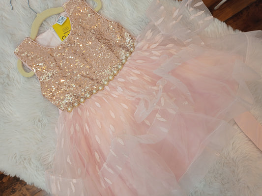 Peach Gold Pearl Beaded Princess Baby Toddler Girl Short Ball Gown Dress