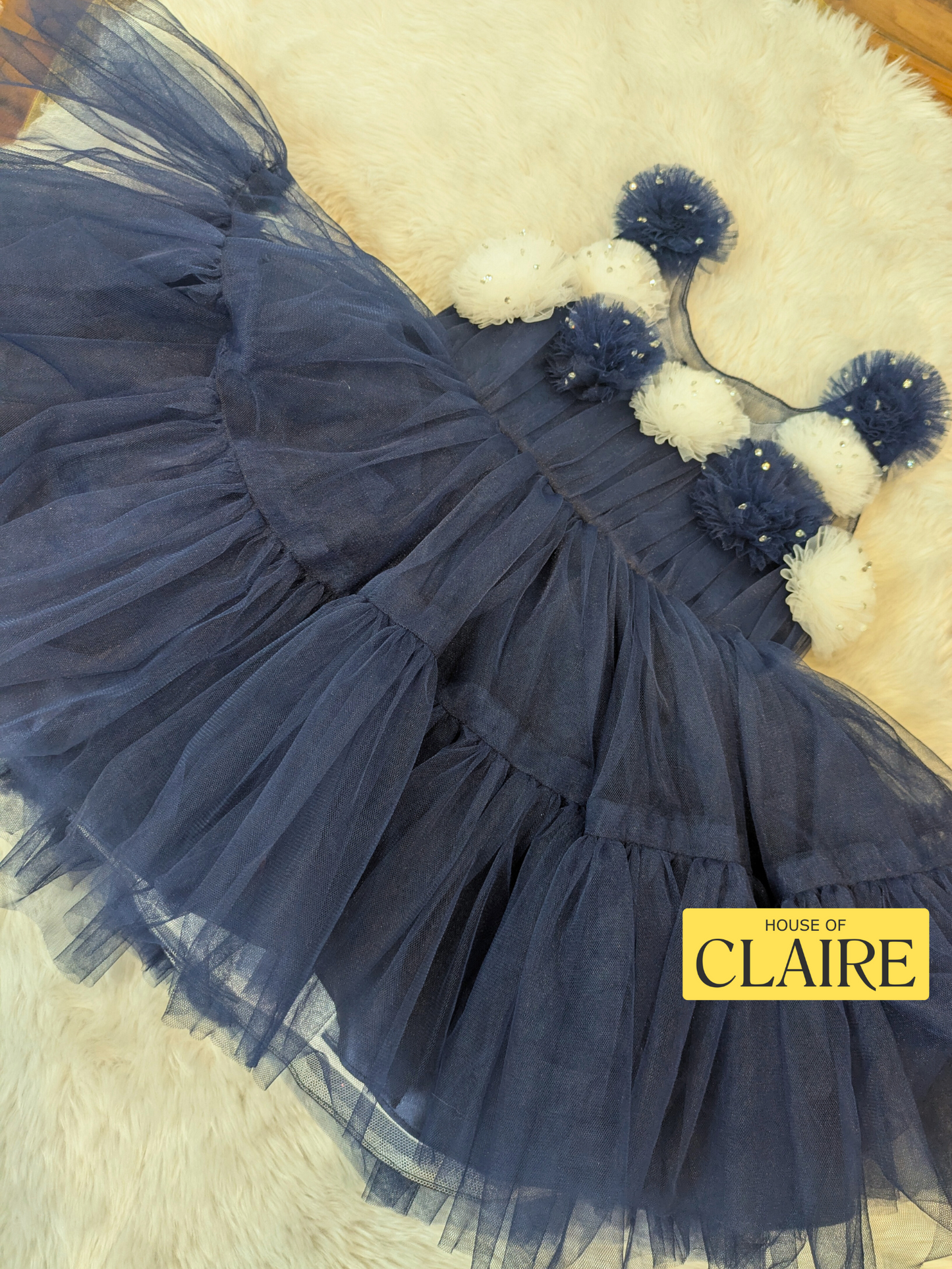 Fluffy Layered Navy Blue 1st Birthday Dress for Baby Girl – Party Wear