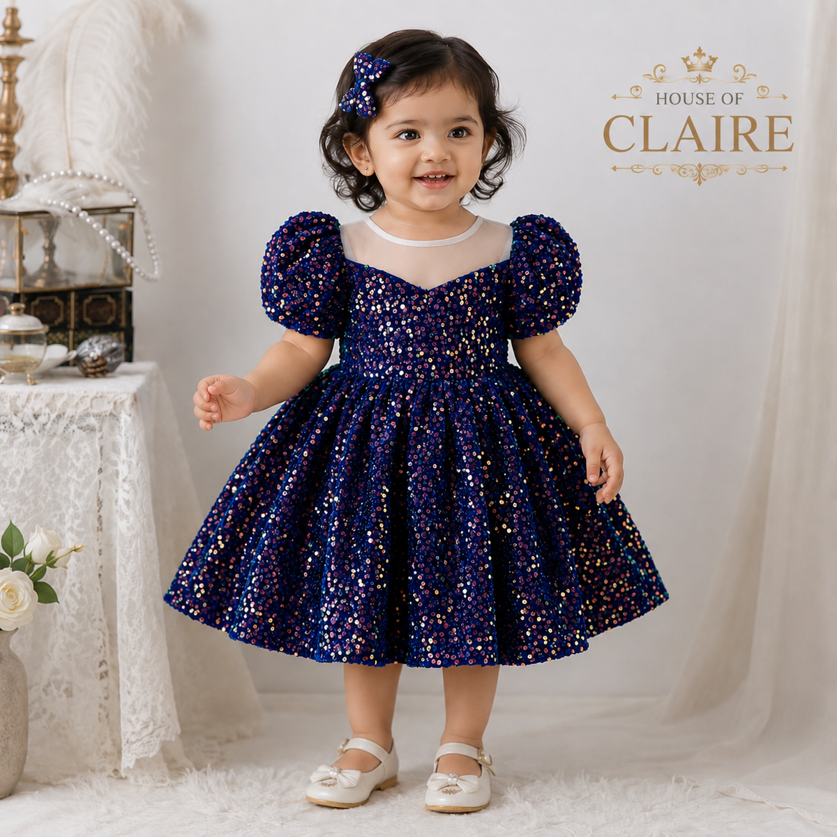 A toddler girl wearing a sparkly navy blue dress with puff sleeves and a sheer neckline, standing in a decorated studio setting. The brand name 'HOUSE OF CLAIRE' is visible in the top right corner. kids baby girl birthday blue party wear dress online kids luxury 