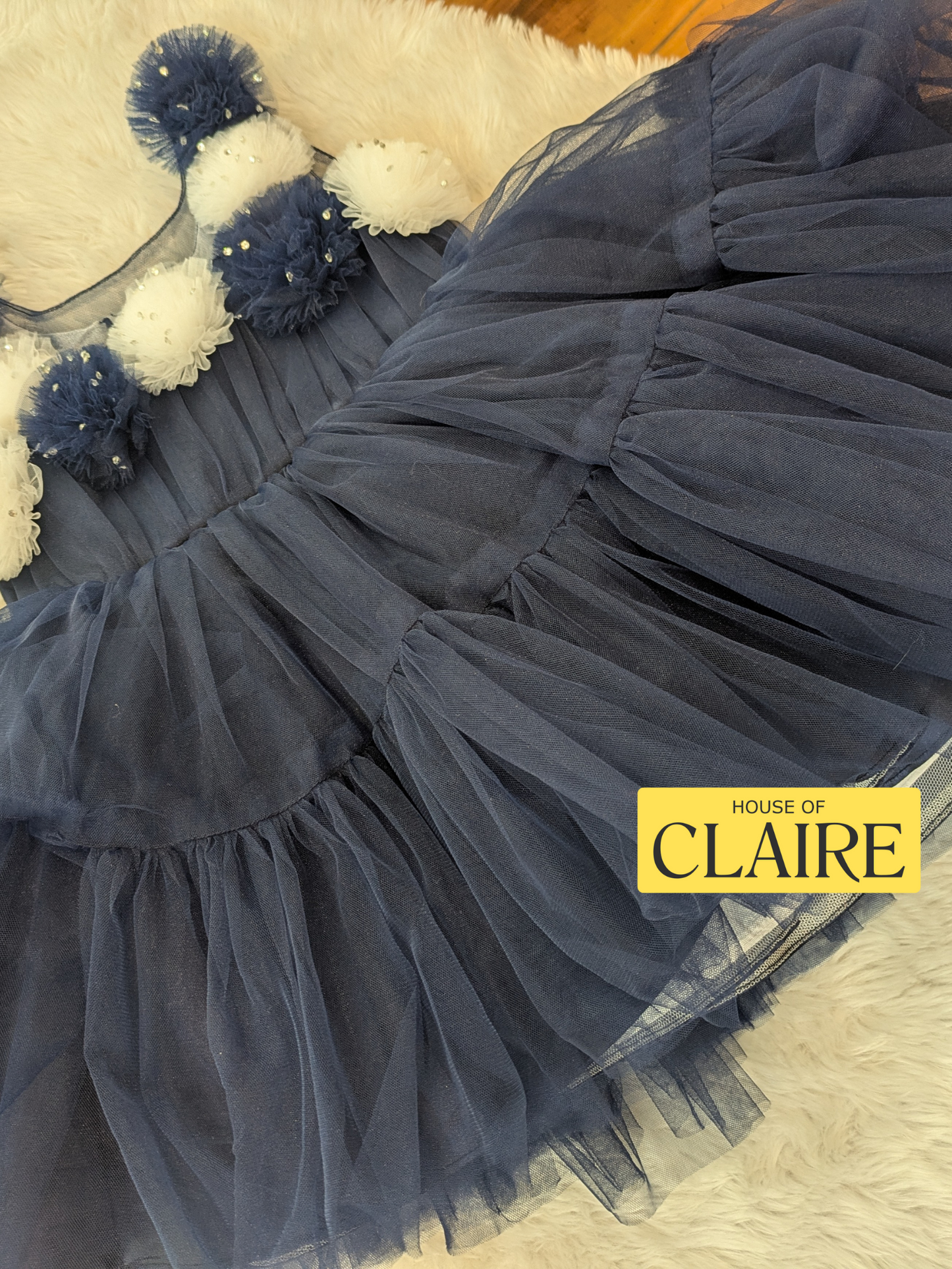 Fluffy Layered Navy Blue 1st Birthday Dress for Baby Girl – Party Wear