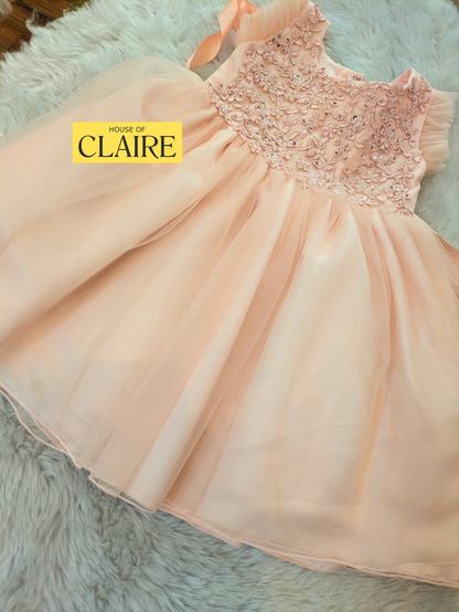 New Arrivals - Classy Pastel Peach Baby Girl Birthday Dress – 1st Year Party Dress | Princess Tulle Frock with Embroidered Floral Bodice