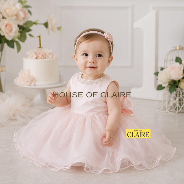 Luxury blush pink 1st birthday dress for baby girls featuring a satin bodice, layered organza skirt, and oversized bow by House of Claire