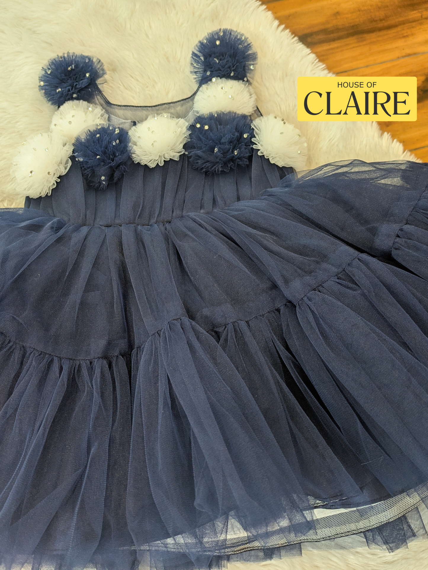 Fluffy Layered Navy Blue 1st Birthday Dress for Baby Girl – Party Wear