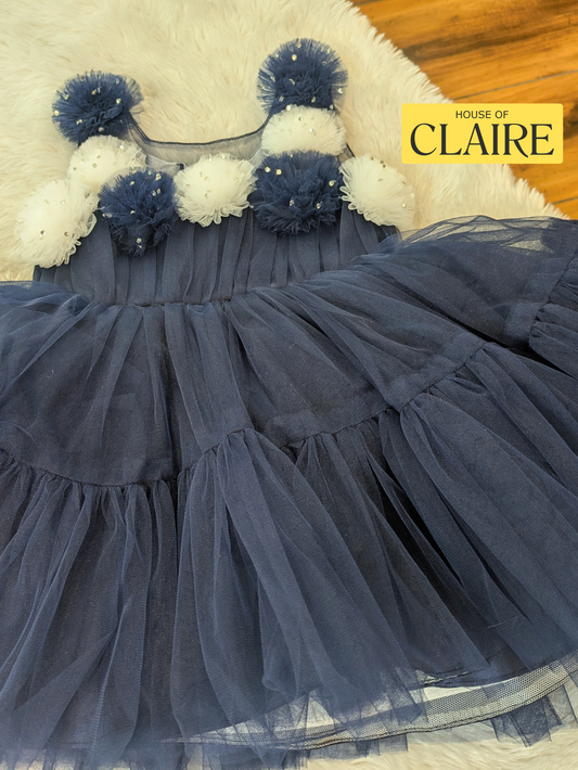 Fluffy Layered Navy Blue 1st Birthday Dress for Baby Girl – Party Wear