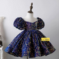 Navy blue sequin baby girl party dress with puff sleeves, sheer neckline and full skirt for birthday parties - house of claire kids party wear dress bangalore online india