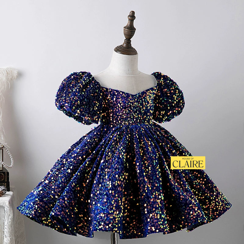 Navy blue sequin baby girl party dress with puff sleeves, sheer neckline and full skirt for birthday parties - house of claire kids party wear dress bangalore online india