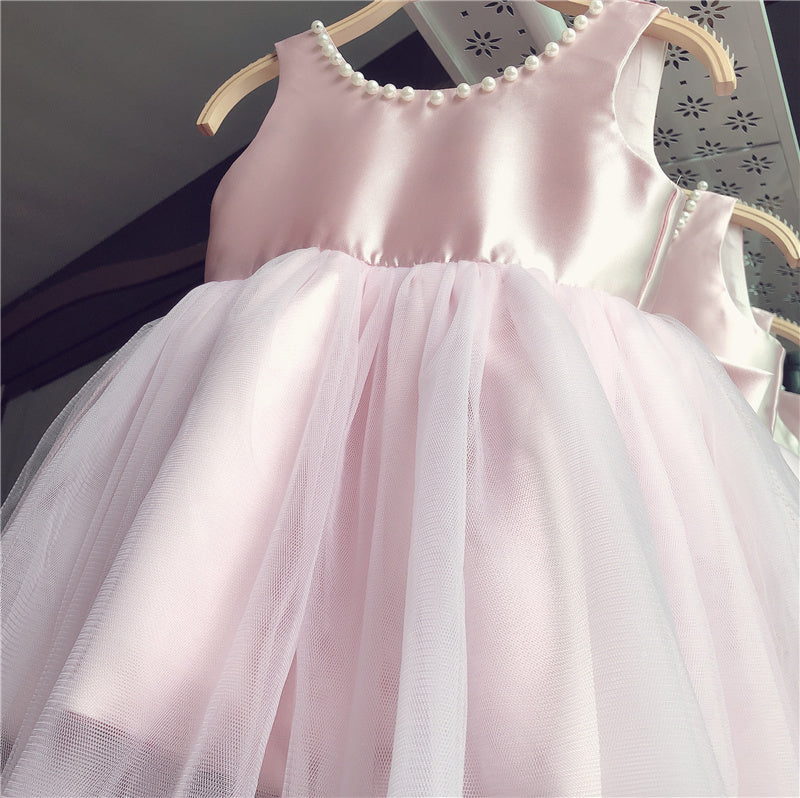 houseofclaire.com Luxury Pink Pearl girls Ball gown with Back Bow