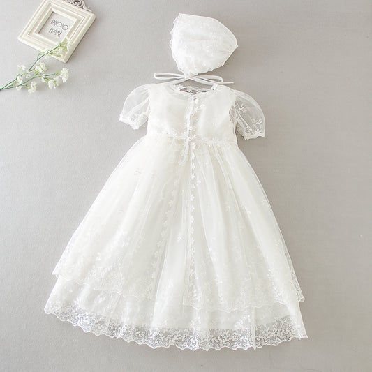 houseofclaire.com White Baptism dress for baby girls in India English style Baptism Gown with floral shrug and cap