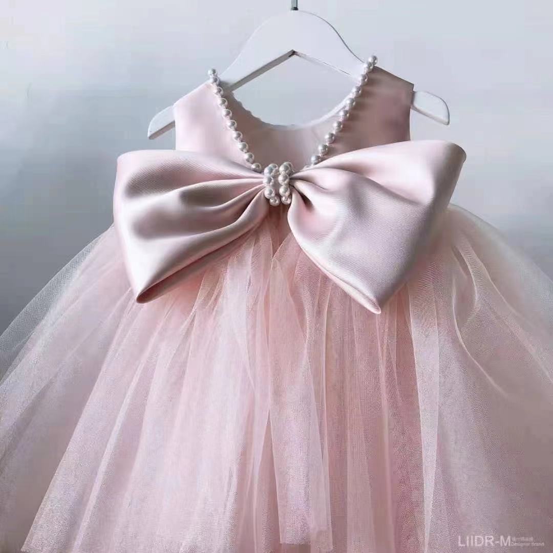 houseofclaire.com Luxury Powder Pink Pearl girls Ball gown with Back Bow