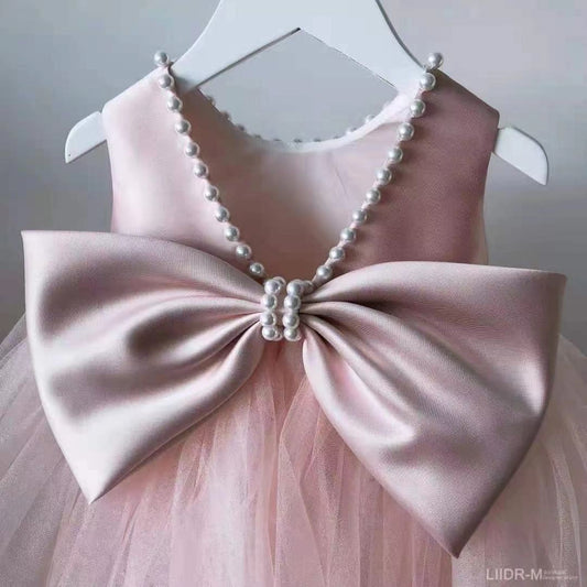 houseofclaire.com Luxury Pink Pearl girls Ball gown with Back Bow