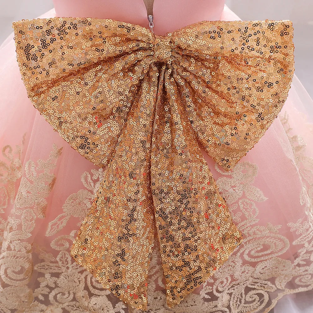 Baby Pink Princess Birthday Golden Bow Dress
