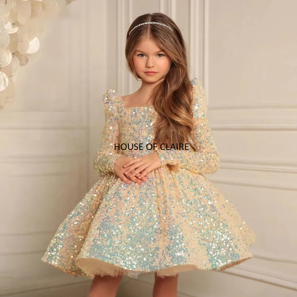 Luxury Princess Champagne Gold Glitter Ball Gown Party Dress